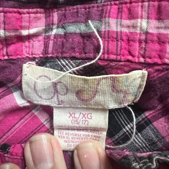 Ocean Pacific OP Juniors XL Pink Button Up Collard Flannel Long Sleeve Plaid - Picture 4 of 5